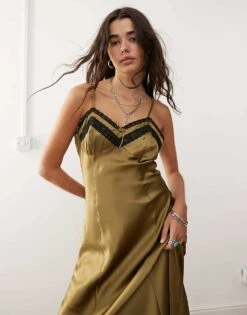 Reclaimed Vintage Cami Slip Dress With Lace Trim In Olive Green For Women -Closet Theory Her 206798328 1 green 1