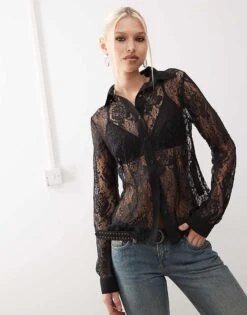 Reclaimed Vintage Fitted Lace Shirt In Black For Women Black Lace