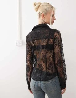 Reclaimed Vintage Fitted Lace Shirt In Black For Women Black Lace -Closet Theory Her 206815759 4
