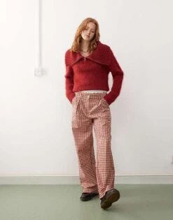 Reclaimed Vintage Wide Leg Tailored Trouser In Red Check For Women Multi