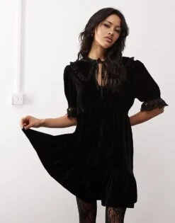 Reclaimed Vintage Mini Tea Dress With Collar In Velvet For Women Black -Closet Theory Her 206818089 1 black 1