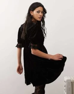 Reclaimed Vintage Mini Tea Dress With Collar In Velvet For Women Black -Closet Theory Her 206818089 4