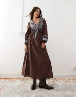 Reclaimed Vintage Midi Smock Dress In Brown With Contrast Powder Blue Embroidery For Women -Closet Theory Her 206818098 1 brown 1