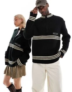 Reclaimed Vintage Unisex Knitted Zip Up With Stripe Detail For Unisex Grey -Closet Theory Her 206831680 1 grey 1