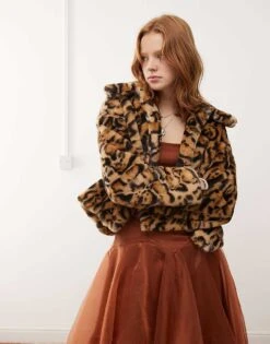 Reclaimed Vintage Cropped Faux Fur Jacket In Animal Print For Women Leopard Print