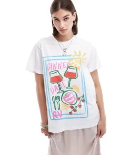 Reclaimed Vintage Oversized T-shirt With Dinner Date Print In White For Women