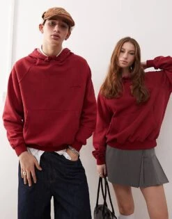Reclaimed Vintage Unisex Oversized Boxy Cropped Hoodie In Burgundy For Unisex -Closet Theory Her 206862150 1 burgundy 1