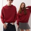 Reclaimed Vintage Unisex Oversized Boxy Cropped Hoodie In Burgundy For Unisex