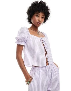 Reclaimed Vintage Tie Front Top With Puff Sleeve In Summer Lilac Stripe & Bottom -Closet Theory Her 206898702 1 multi