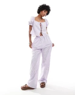 Reclaimed Vintage Tie Front Top With Puff Sleeve In Summer Lilac Stripe & Bottom -Closet Theory Her 206898708 1 green 1