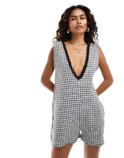 Reclaimed Vintage Western Milkmaid Playsuit In Gingham For Women Black