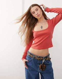 Reclaimed Vintage Long Sleeve Square Neck Top In Washed Red Rib For Women