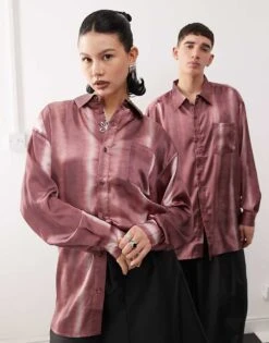 Reclaimed Vintage Oversized Satin Shirt In Burgundy Tie Dye For Unisex -Closet Theory Her 206914282 1 burgundy 1