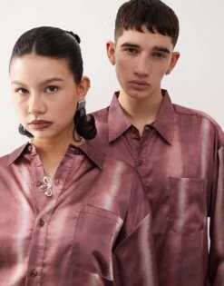 Reclaimed Vintage Oversized Satin Shirt In Burgundy Tie Dye For Unisex -Closet Theory Her 206914282 2