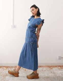 Reclaimed Vintage Denim Maxi Dress With Asymmetric Ruching For Women Blue -Closet Theory Her 206924977 1 blue 1