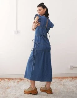 Reclaimed Vintage Denim Maxi Dress With Asymmetric Ruching For Women Blue -Closet Theory Her 206924977 3