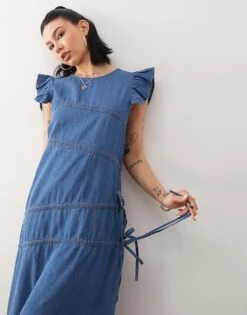 Reclaimed Vintage Denim Maxi Dress With Asymmetric Ruching For Women Blue -Closet Theory Her 206924977 4