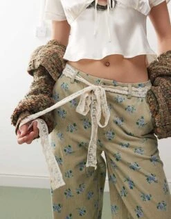 Reclaimed Vintage Wide Leg Cord Trousers With Lace Belt In Floral Print For Women Green -Closet Theory Her 206930561 2