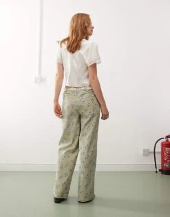 Reclaimed Vintage Wide Leg Cord Trousers With Lace Belt In Floral Print For Women Green -Closet Theory Her 206930561 3