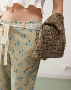 Reclaimed Vintage Wide Leg Cord Trousers With Lace Belt In Floral Print For Women Green -Closet Theory Her 206930561 4