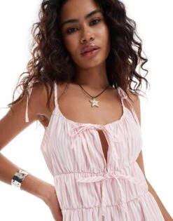 Reclaimed Vintage Tie Front Maxi Summer Dress In Pink Stripe For Women -Closet Theory Her 206934366 4