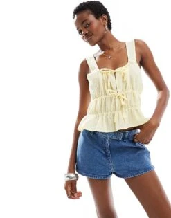 Reclaimed Vintage Gathered Tie Front Top In Yellow For Women