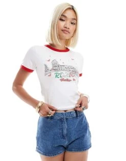 Reclaimed Vintage Baby Ringer T-shirt With Rome Print In White For Women