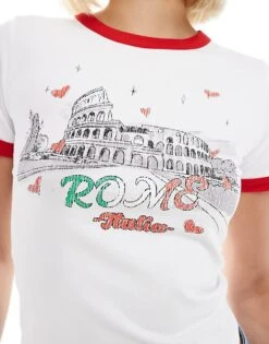 Reclaimed Vintage Baby Ringer T-shirt With Rome Print In White For Women -Closet Theory Her 207011267 4