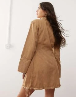 Reclaimed Vintage Mini Shirt Dress With Bow Detail In Brown For Women Beige -Closet Theory Her 207019959 3