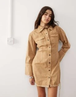 Reclaimed Vintage Mini Shirt Dress With Bow Detail In Brown For Women Beige -Closet Theory Her 207019959 4