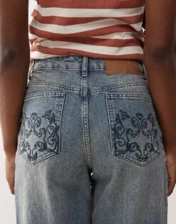 Reclaimed Vintage Baggy Leg Mid Rise Jean With Embroidered Pockets In Washed Blue For Women -Closet Theory Her 207027867 4