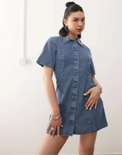 Reclaimed Vintage Western A-line Denim Dress In Mid Blue Wash With Embroidery For Women Mid Wash Blue