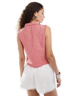 Reclaimed Vintage Tie Front Top In Red Gingham For Women -Closet Theory Her 207041221 4