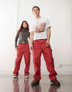 Reclaimed Vintage Unisex Red Check Print Barrel Leg Trouser For Unisex -Closet Theory Her 207053136 1 red 1