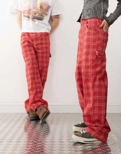 Reclaimed Vintage Unisex Red Check Print Barrel Leg Trouser For Unisex -Closet Theory Her 207053136 2