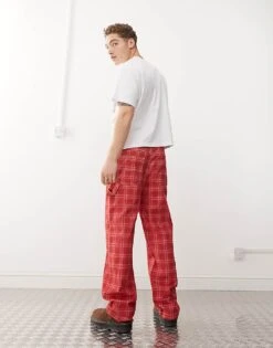 Reclaimed Vintage Unisex Red Check Print Barrel Leg Trouser For Unisex -Closet Theory Her 207053136 4