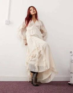 Reclaimed Vintage Maxi Dress With Ruffles In Cream For Women Multi