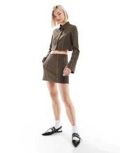 Reclaimed Vintage Western Crop Blazer With Crosstitch Detail In Brown Co-ord