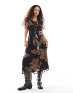 Reclaimed Vintage Midi Dress With Tie Front And Ruffles In Floral Print For Women Multi -Closet Theory Her 207081604 1 multi 1