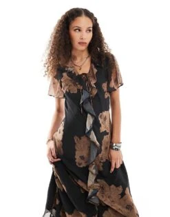 Reclaimed Vintage Midi Dress With Tie Front And Ruffles In Floral Print For Women Multi -Closet Theory Her 207081604 2