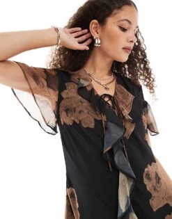 Reclaimed Vintage Midi Dress With Tie Front And Ruffles In Floral Print For Women Multi -Closet Theory Her 207081604 4