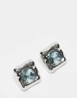 Reclaimed Vintage Unisex Square Set Studs With Blue Stone In Silver For Unisex -Closet Theory Her 207093602 1 silver 1