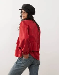 Reclaimed Vintage Tie Front Peplum Detail Cord Top In Red For Women -Closet Theory Her 207152439 2