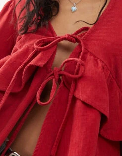 Reclaimed Vintage Tie Front Peplum Detail Cord Top In Red For Women -Closet Theory Her 207152439 3