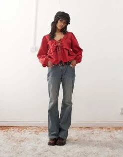 Reclaimed Vintage Tie Front Peplum Detail Cord Top In Red For Women -Closet Theory Her 207152439 4