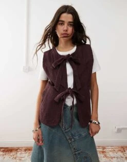 Reclaimed Vintage Tie Front Cord Top In Burgundy For Women