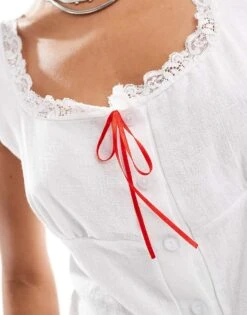 Reclaimed Vintage Milkmaid Cami Top With Lace Trim And Red Ribbon In White For Women -Closet Theory Her 207170441 3