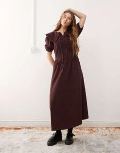 Reclaimed Vintage Cord Collar Detail Midi Dress In Plum For Women