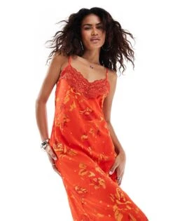 Reclaimed Vintage Lace Trim Slip Dress In Red Floral For Women -Closet Theory Her 207233924 3