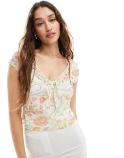 Reclaimed Vintage Cap Sleeve Mesh Top In Floral Print For Women Multi